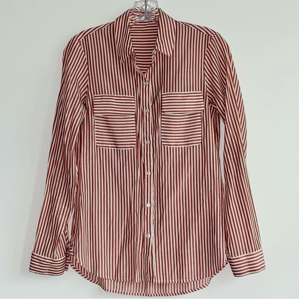 EXPRESS The City Shirt Stripes Button Down w/ Roll Tab Sleeves Womens XS Red Whi